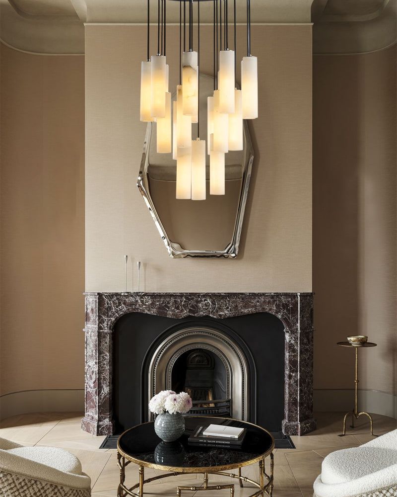 Unique Cluster Cylinder White Alabaster Brass Pendant Light with Black Adjustable Cord