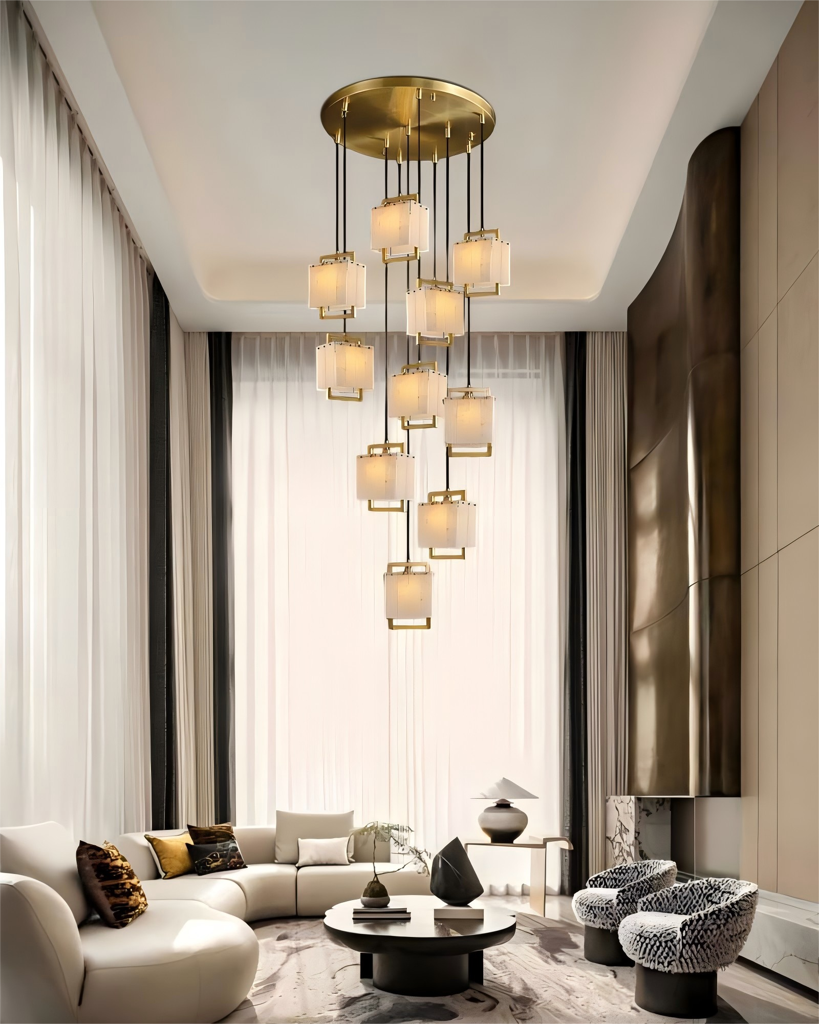 Square Alabaster Pendants Ceiling Long Cord Chandelier Wide 6" in Golden Frame