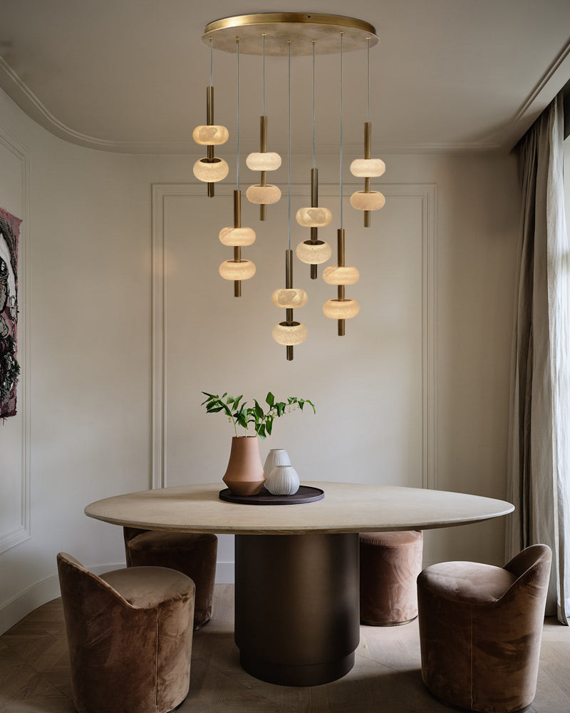 Villa 5 Light New Age Brass Cluster Pendant Light with 4in White Spanish Alabaster Shades