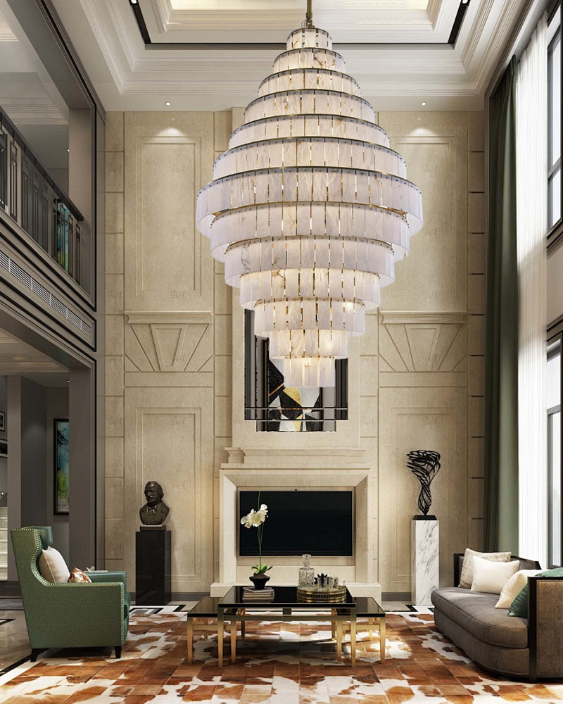 Stairwell Luxury Modern LED High Ceiling Large Alabaster Chandelier, Dia 90“/115"