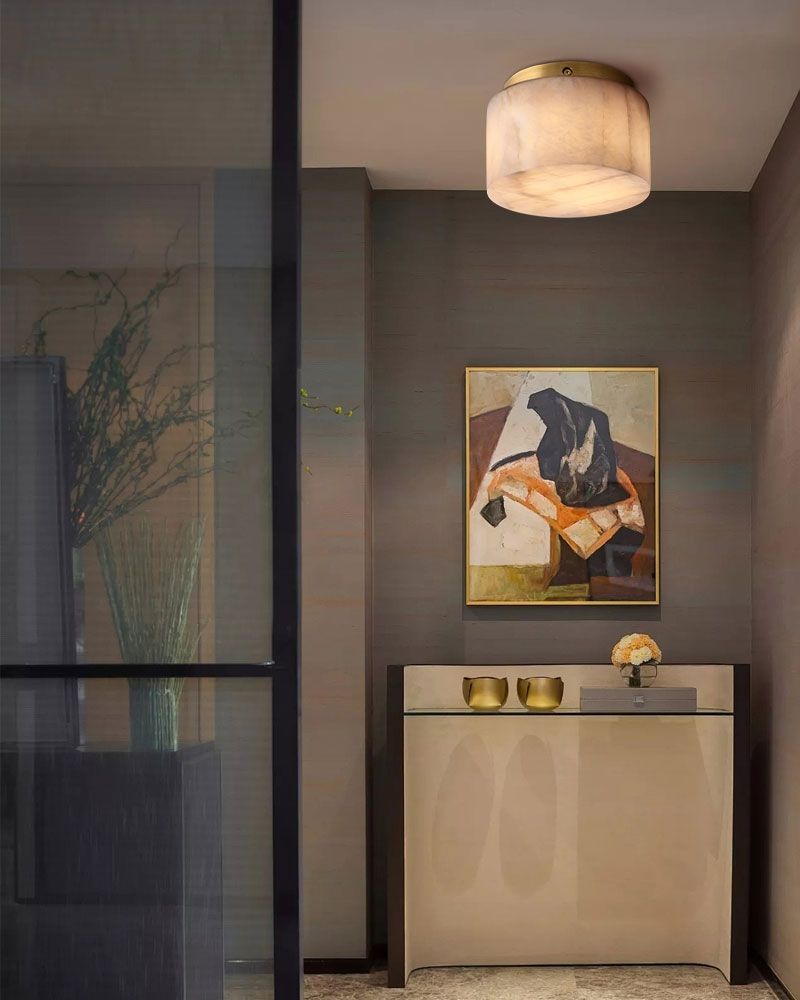 Modern Round Alabaster Ceiling Lights Brushed Brass/Black Dome Plate for bedroom