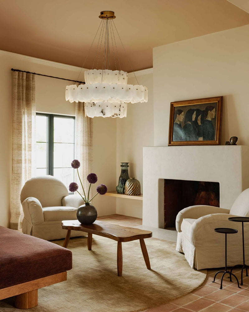 Elegant Light 3 Tier Alabaster LED Chandelier Wide 40" with Stain Gold Ring for High Ceiling