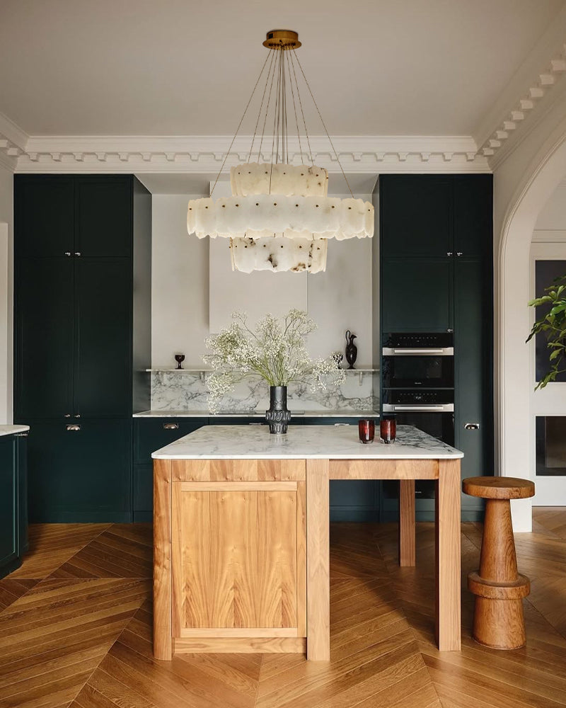 Elegant Light 3 Tier Alabaster LED Chandelier Wide 40" with Stain Gold Ring for High Ceiling