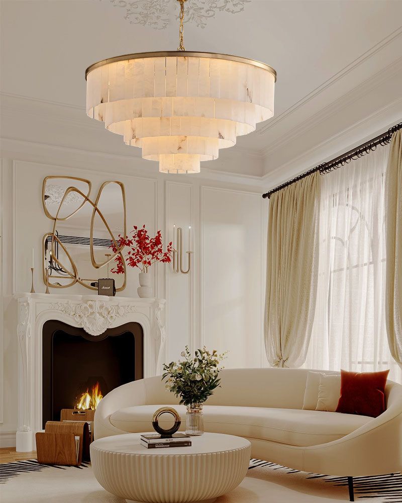 Modern White Alabaster Shade Multi-Layer Round Chandelier Lighting | Brass/Bronze Frame