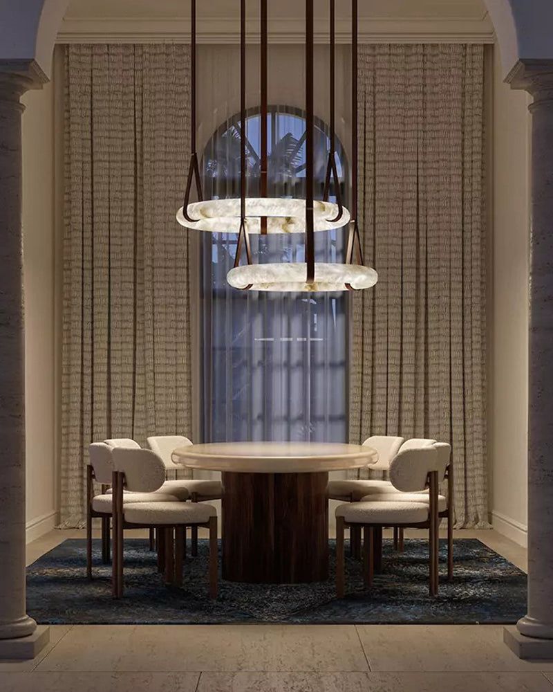 Leather Cable Alabaster Pendant Halo Ring Chandelier with Canopy