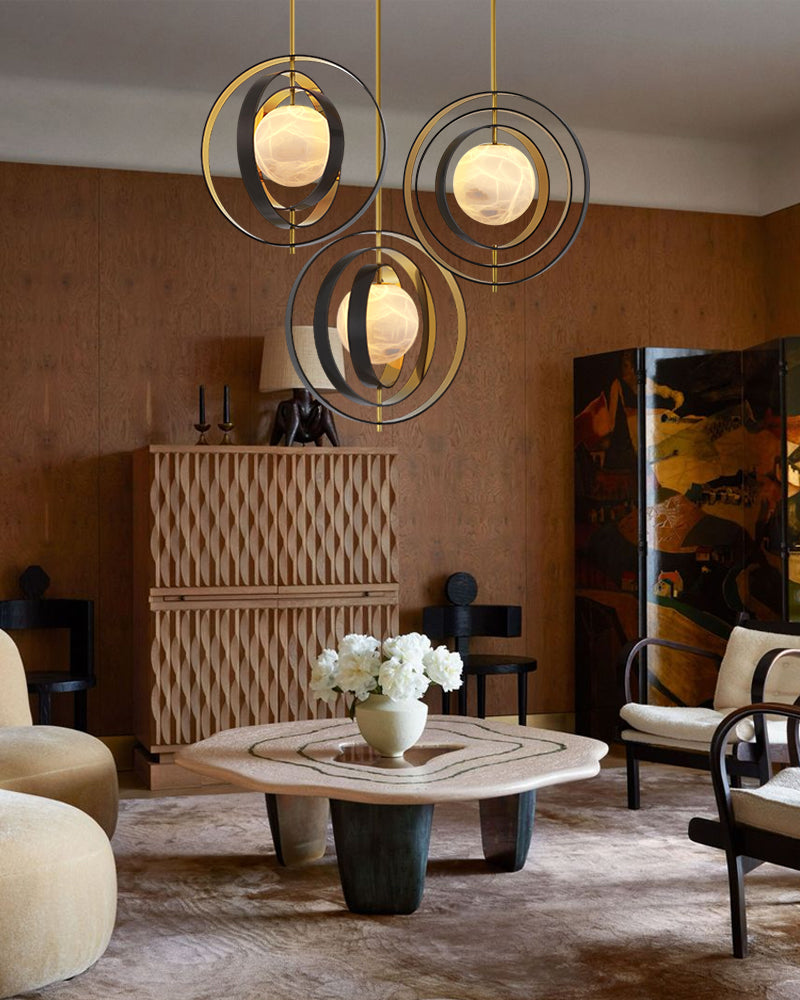 Modern Alabaster Round Chandelier Pearl - Gold & Bronze Rotatable Ring Highlight Finish