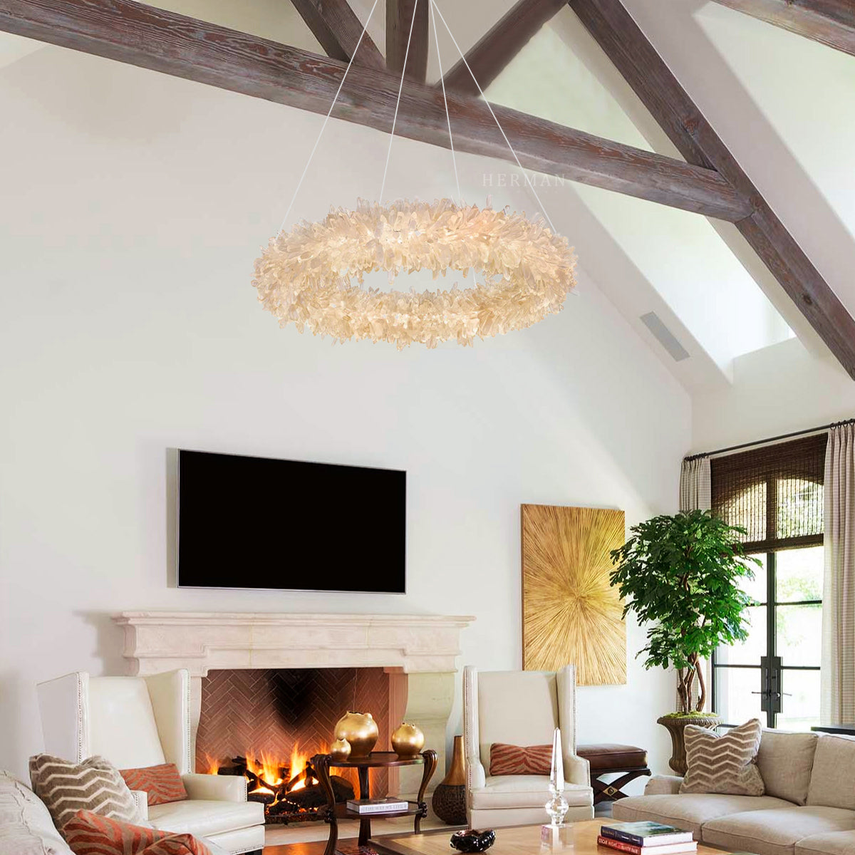 Cervine Round Clear Geode Quartz Crystal Ring Chandelier 24" - Zonesus