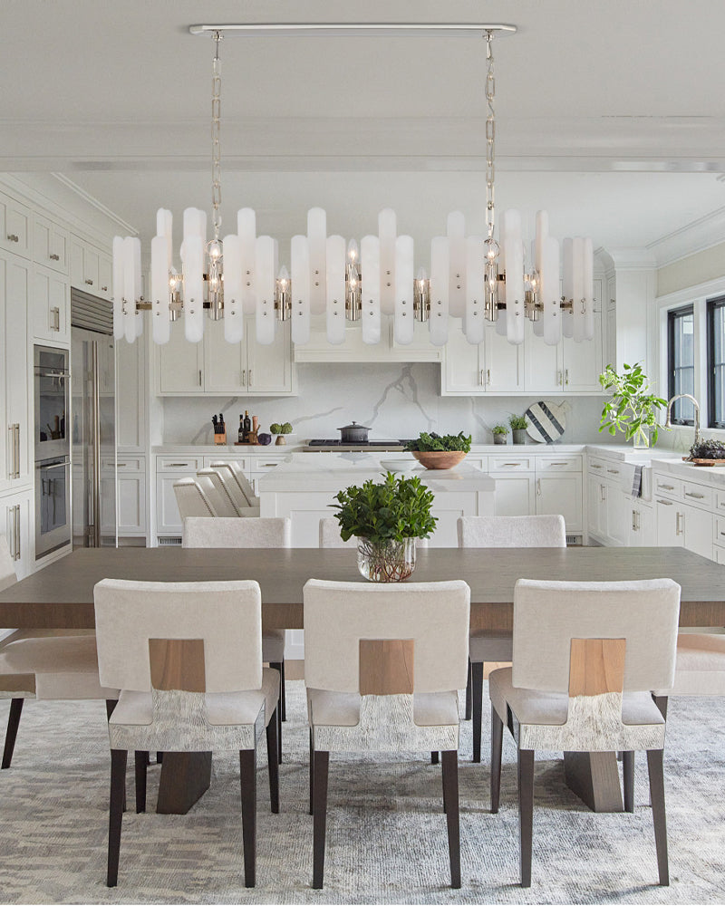 Large Alabaster Rectangular Chandelier Wide 40“ 45” with Chrome Frame for dining room