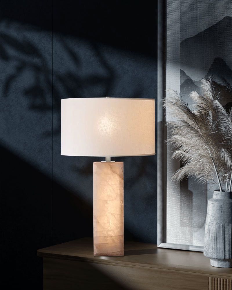Vintage E27 Alabaster Marble Table Lamp 14“(D)24” (H)with fabric Linen lampshade