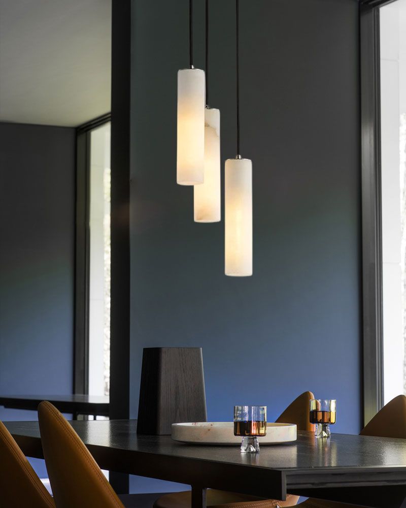 Unique Cluster Cylinder White Alabaster Brass Pendant Light with Black Adjustable Cord