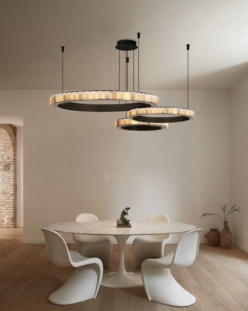 Natural Alabaster Marble Double Circular Chandelier | Black Steel Ring with long cord