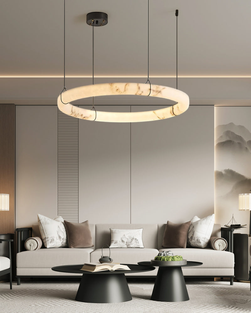 Triple Round Modern Ring Alabaster Pendant Light hanging on Black Metal Pole
