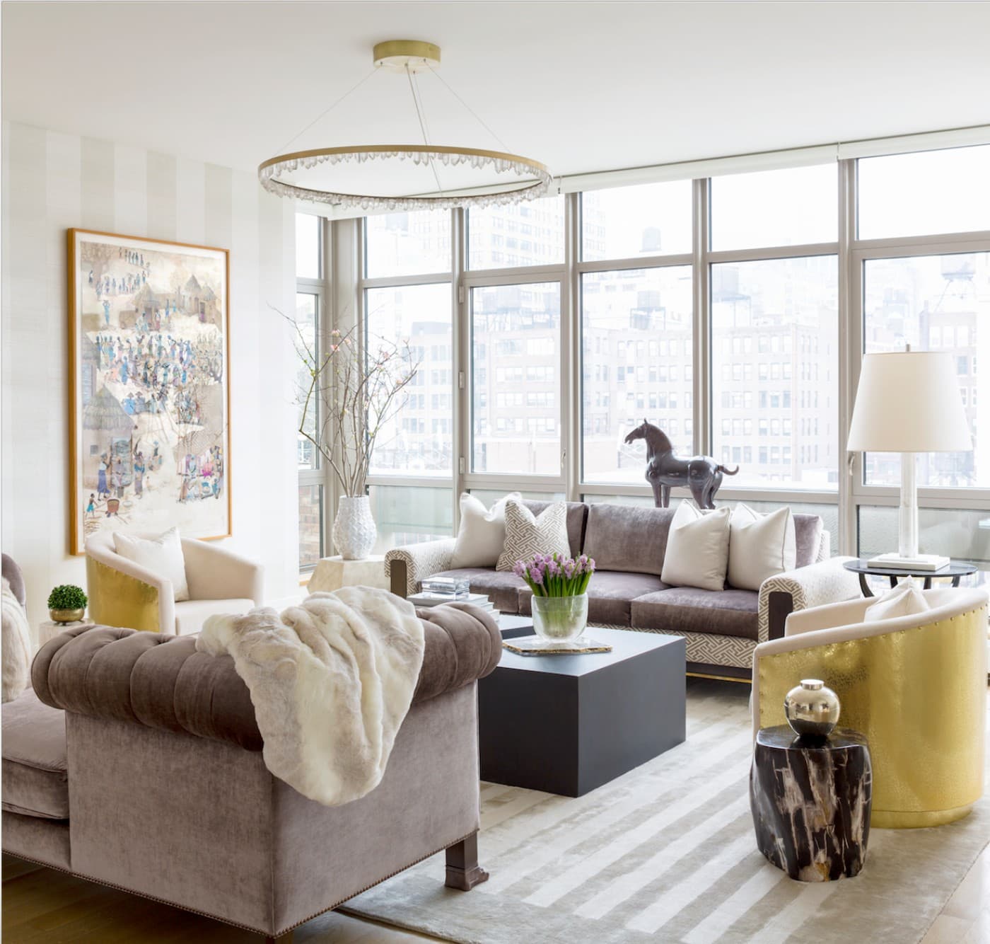 Cervine Round Brass & Clear Geode Quartz Crystal Chandelier 36" - Zonesus