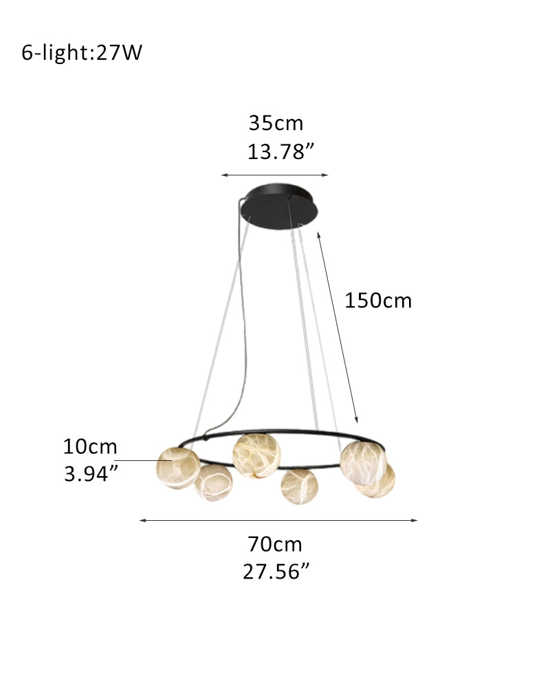Black metal Ring pendant light with ceiling globe alabaster | 6/9/12-light