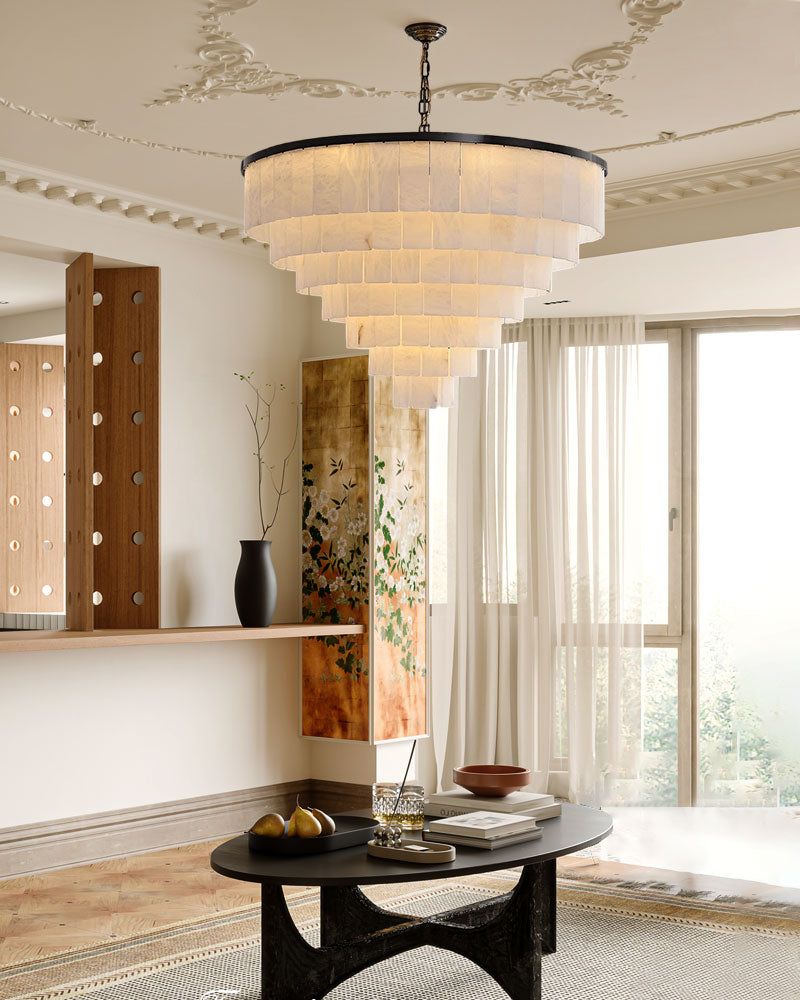 Warm White Modern Round Multi-Tier Alabaster Foyer Chandeliers in Black Frame