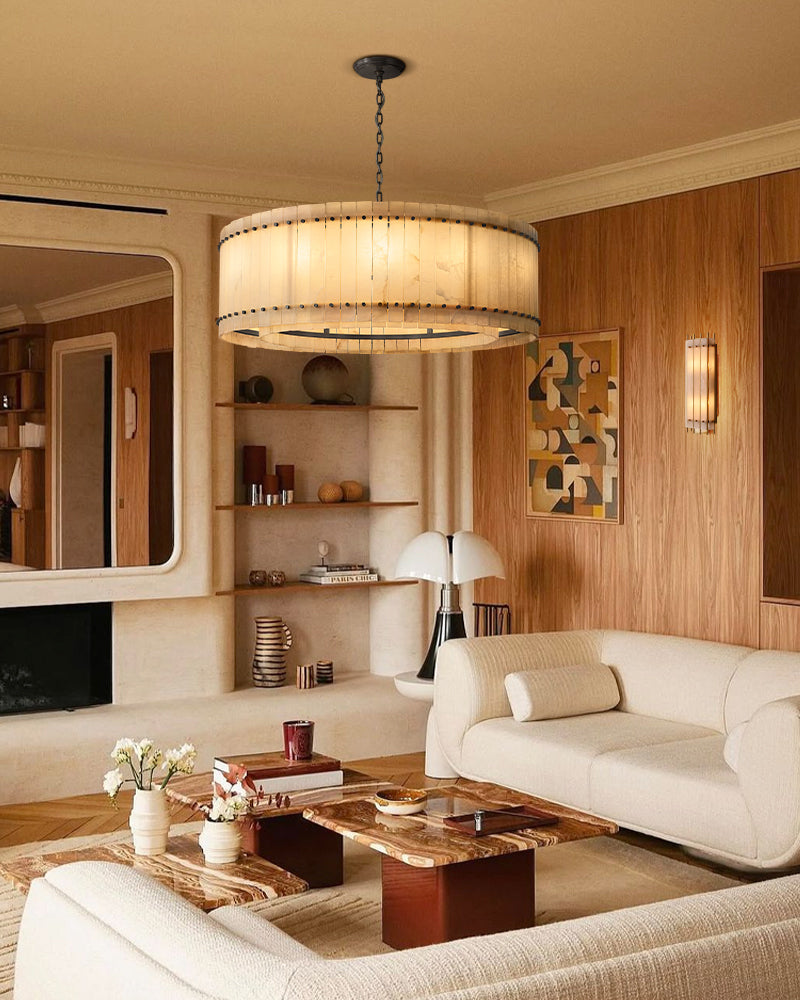 San Marco Alabaster Round 2-Tiered Drum Chandelier 23in 36in 47in 60in with Steel Frame