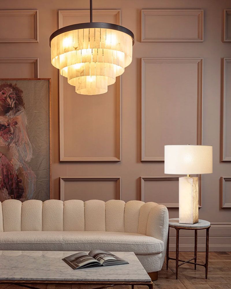 Warm White Modern Round Multi-Tier Alabaster Foyer Chandeliers in Black Frame
