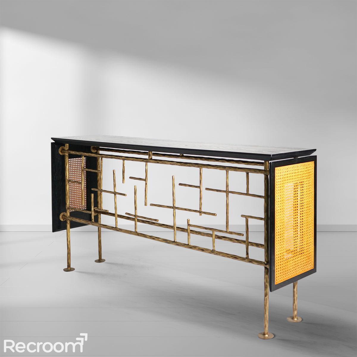 Thaddeo Metal Frame Rattan Console Table - Zonesus