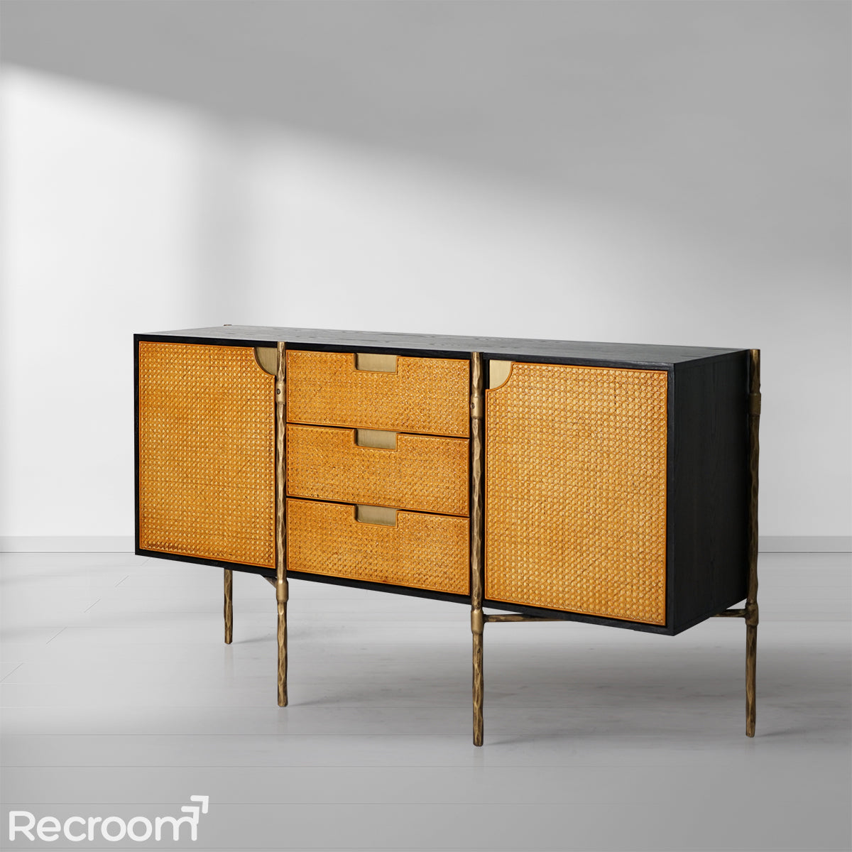 Thaddeo Metal Frame Rattan Side Cabinet - Zonesus