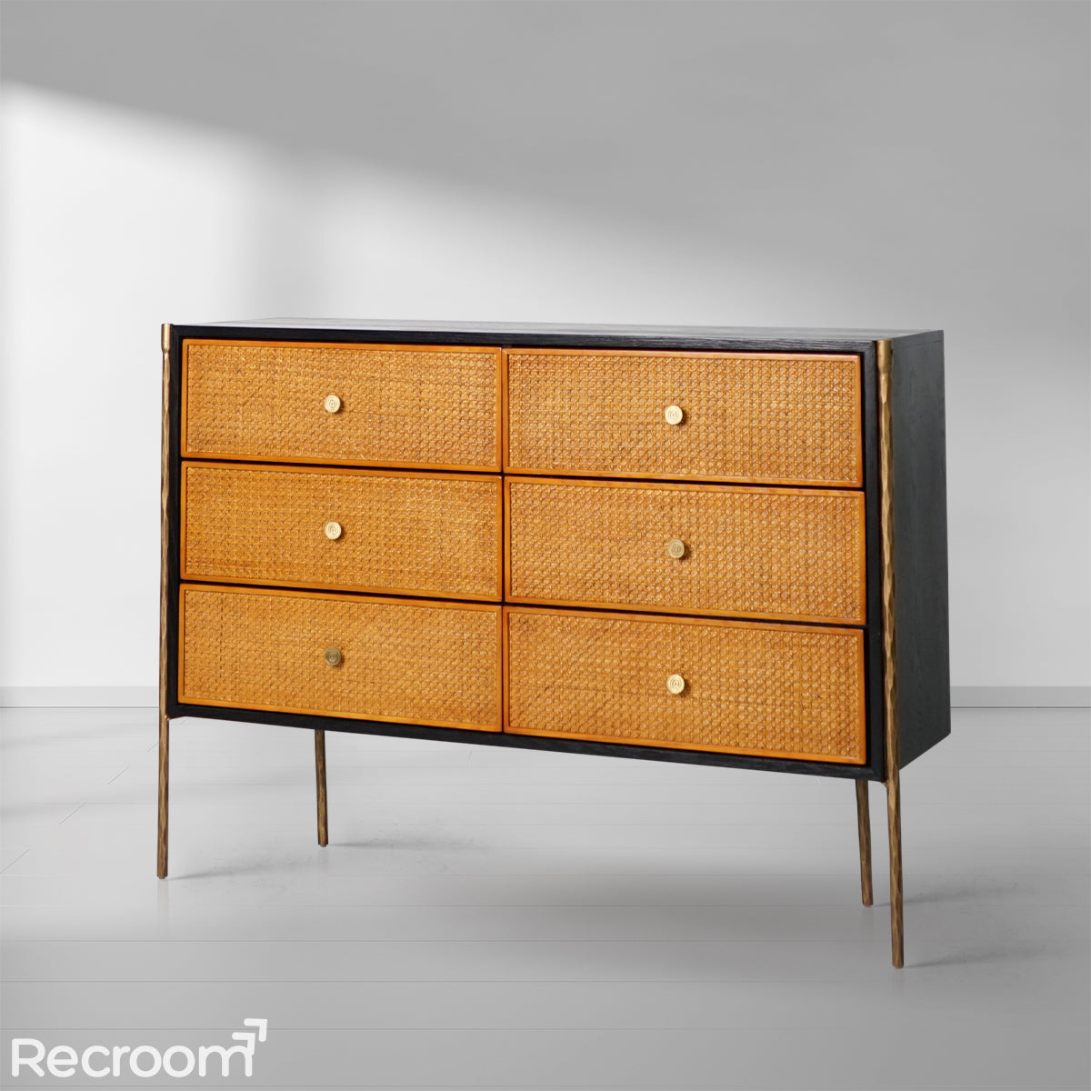 Thaddeo Metal Frame Rattan 6-Drawer Side Cabinet - Zonesus