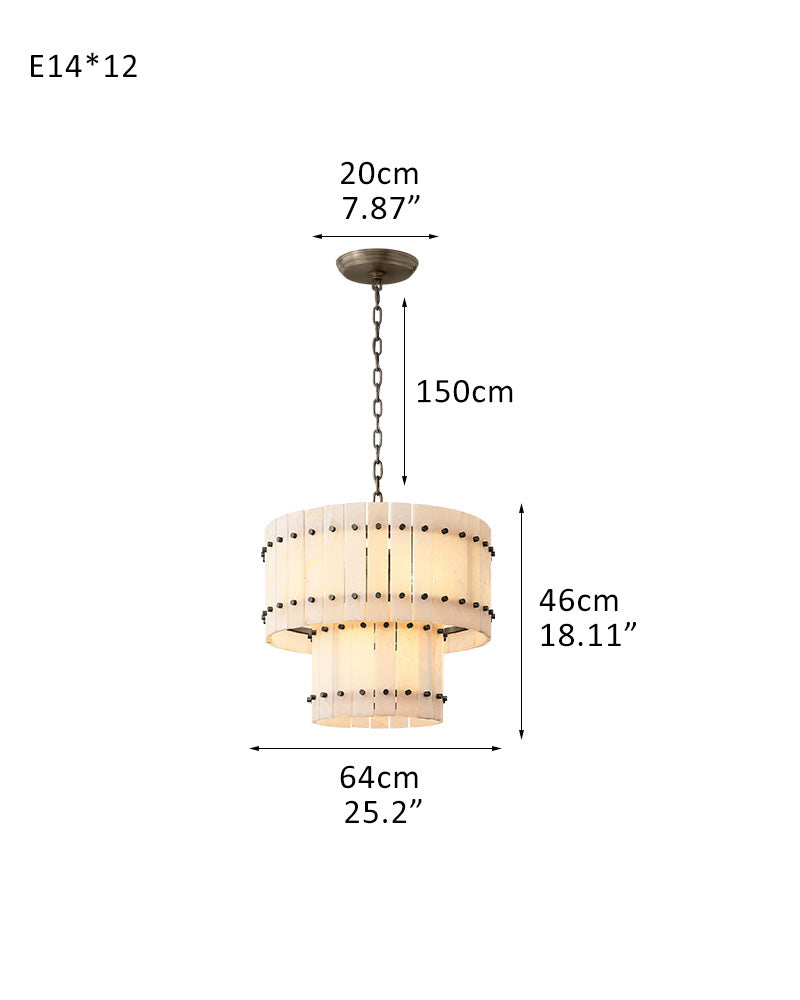 San Marco Alabaster Round 3-Tiered Drum Chandelier Lacquered Brass/Black Steel Frame