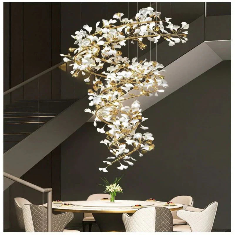 Ceramic Ginkgo Cascading B (Spiral) Branch Chandelier - Zonesus