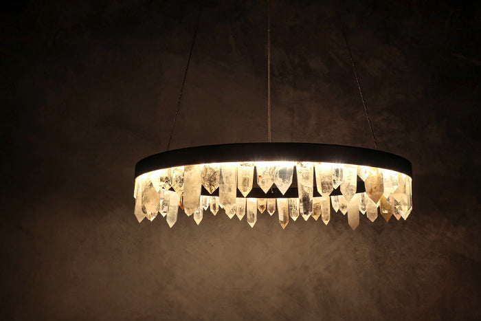 Cervine Round Brass & Clear Geode Quartz Crystal Chandelier 36" - Zonesus