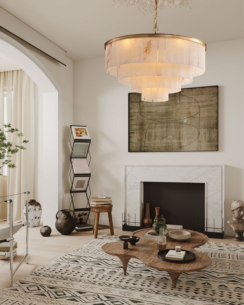 Modern White Alabaster Shade Multi-Layer Round Chandelier Lighting | Brass/Bronze Frame