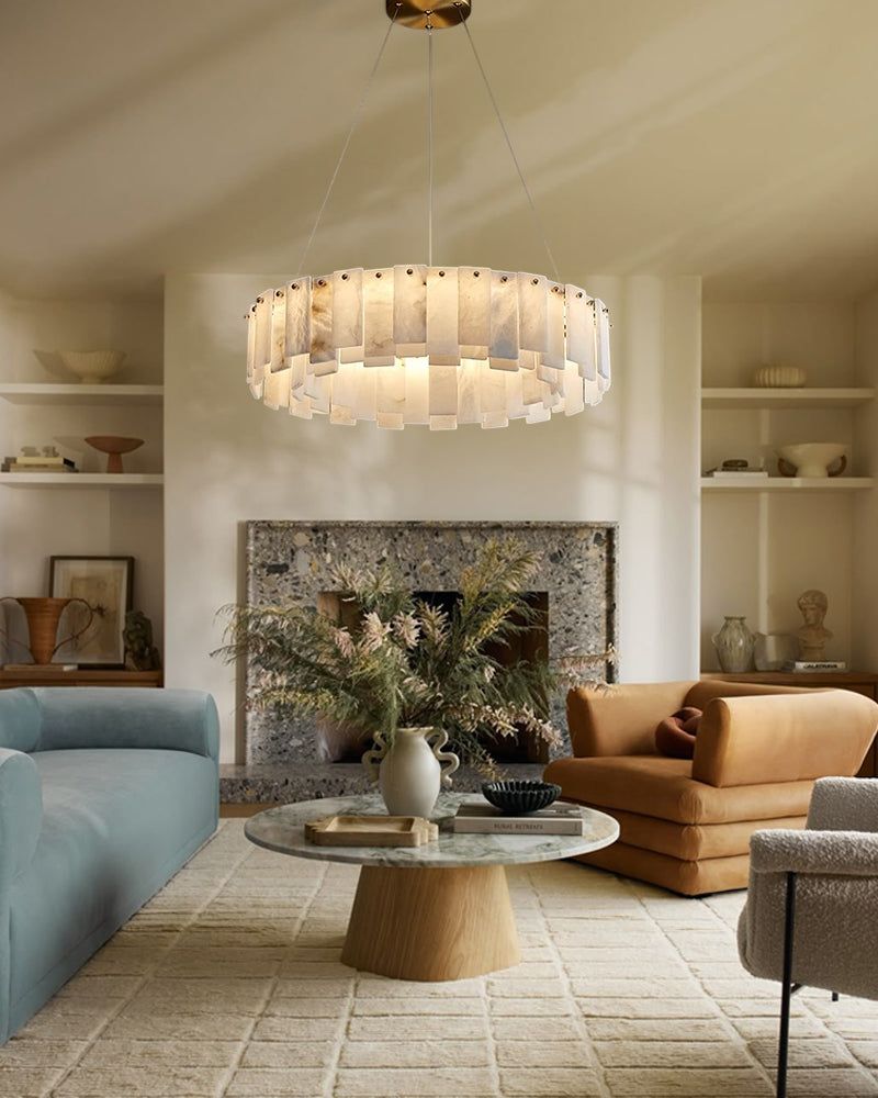 Vintage Round Alabaster Brass Chandelier 18" 32" for living room Villa