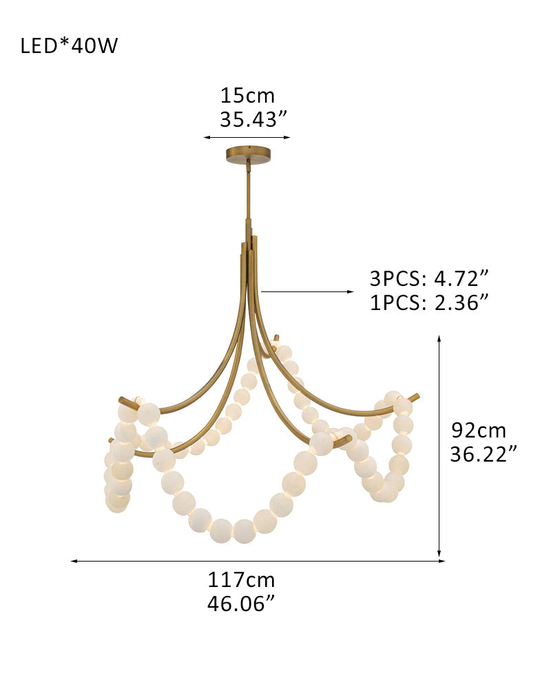 Cluster String Alabaster Beads Semi Flush Chandelier in Brass & Black Metal Rod