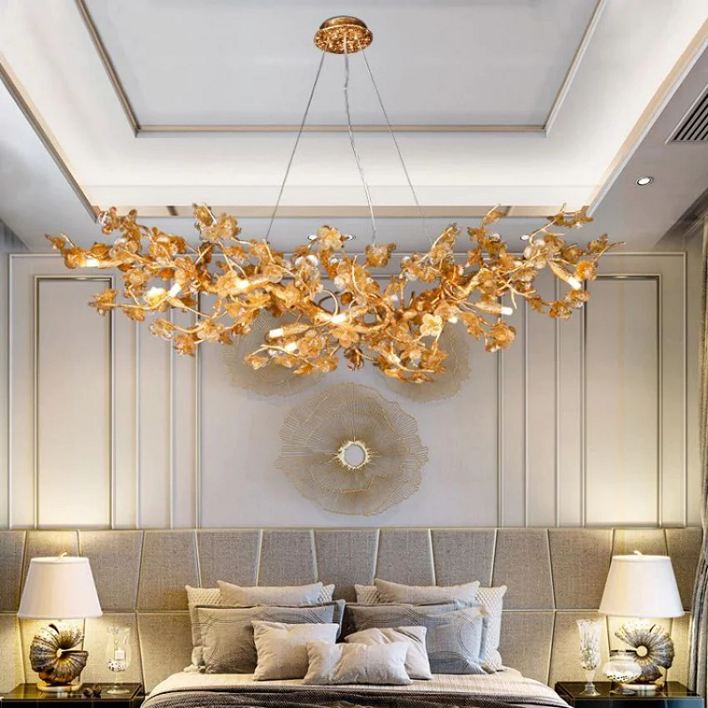 Branch Modern Leaf Linear Gold Brass Chandelier - Zonesus