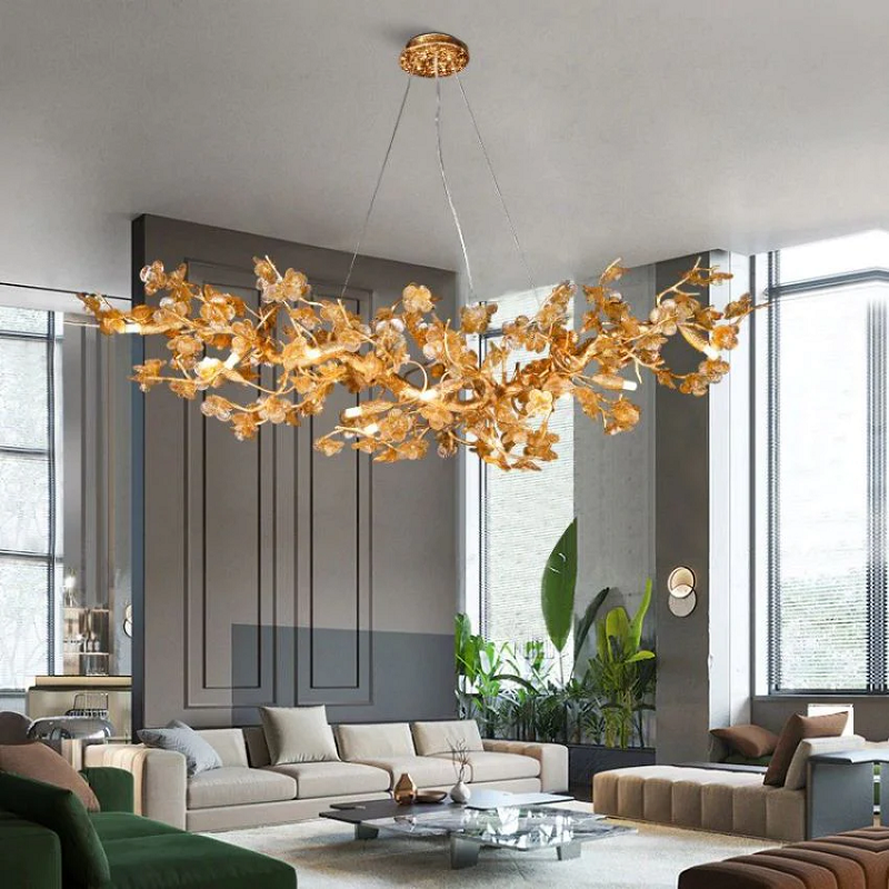 Branch Modern Leaf Linear Gold Brass Chandelier - Zonesus