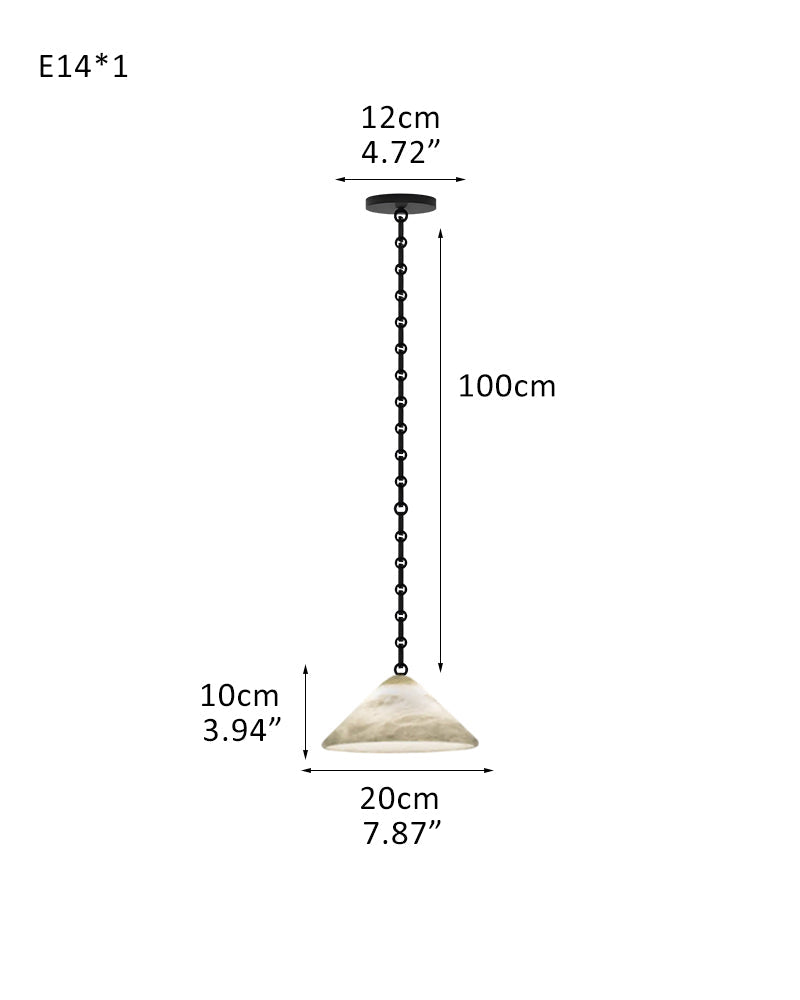 Medium 12" Conical Pendant White Alabaster Shade with Brass Chain for living room