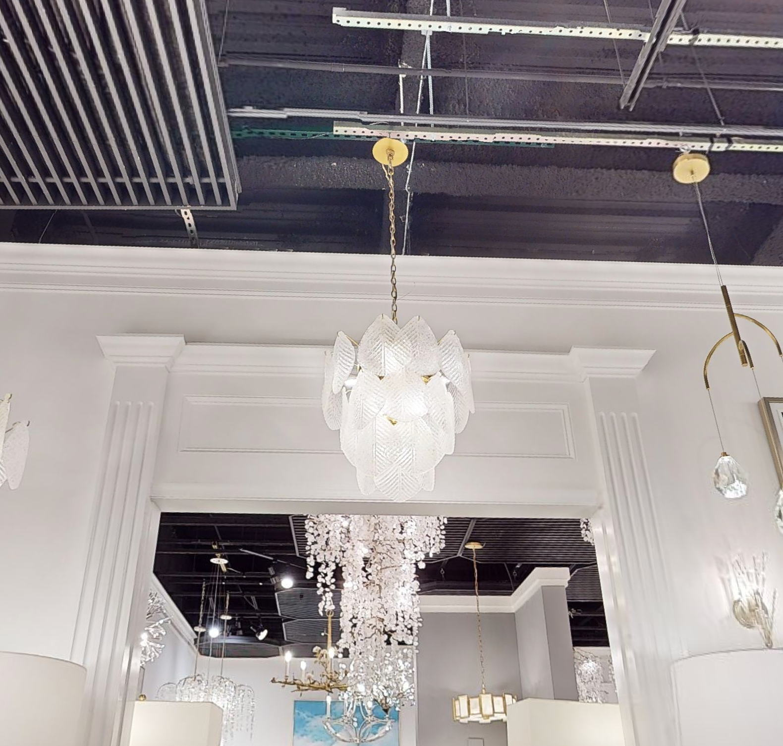 Antique Gold Frosted Glass Nine-Light Chandelier with Cascading Petal Design - Zonesus