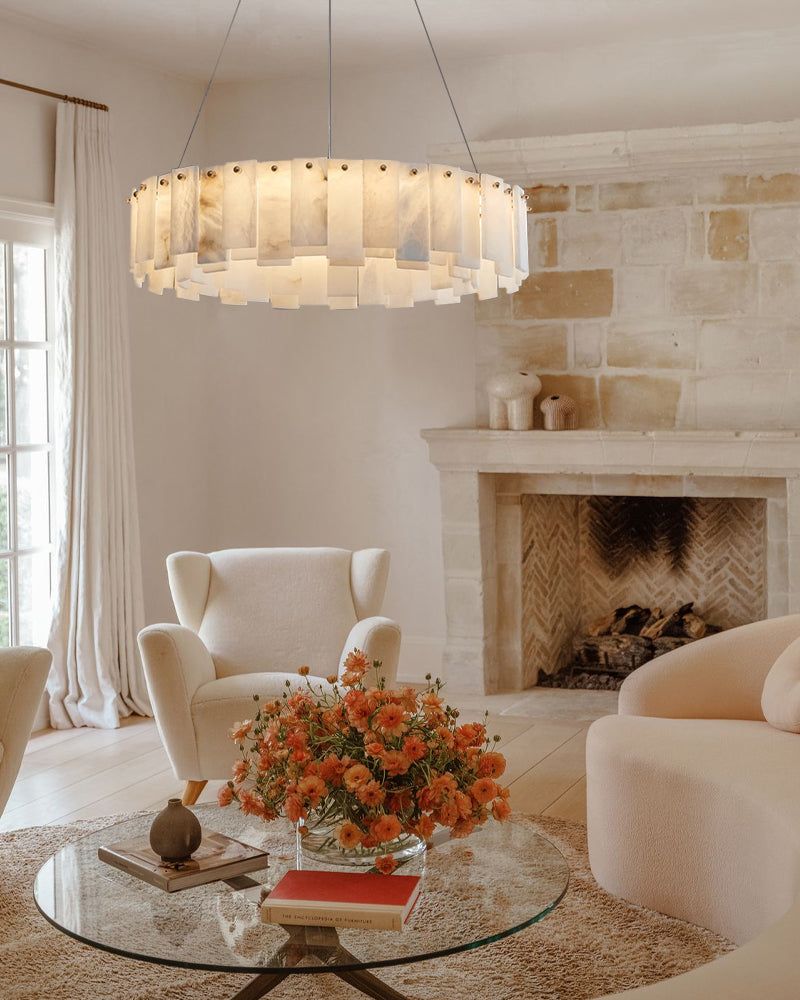 Vintage Round Alabaster Brass Chandelier 18" 32" for living room Villa