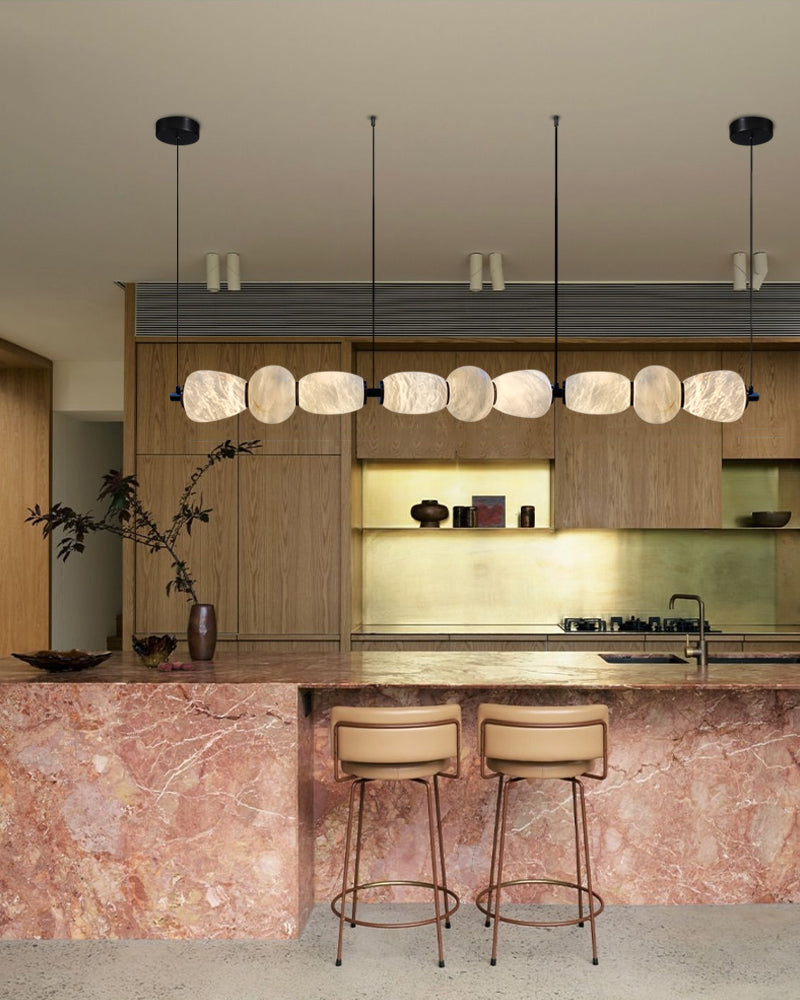 LED Kitchen Island Lighting with Rectilinear White Alabaster Solid Shade, String Hanging Mount