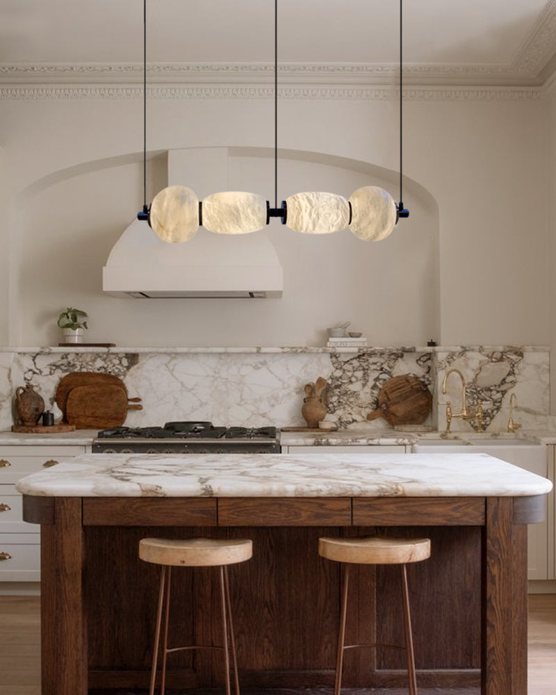 LED Kitchen Island Lighting with Rectilinear White Alabaster Solid Shade, String Hanging Mount