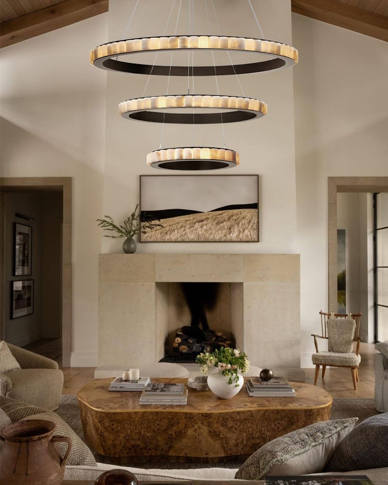 Dia 65+85CM Double LED Ring Marble Chandeliers | Black/Gold Ceiling Steel