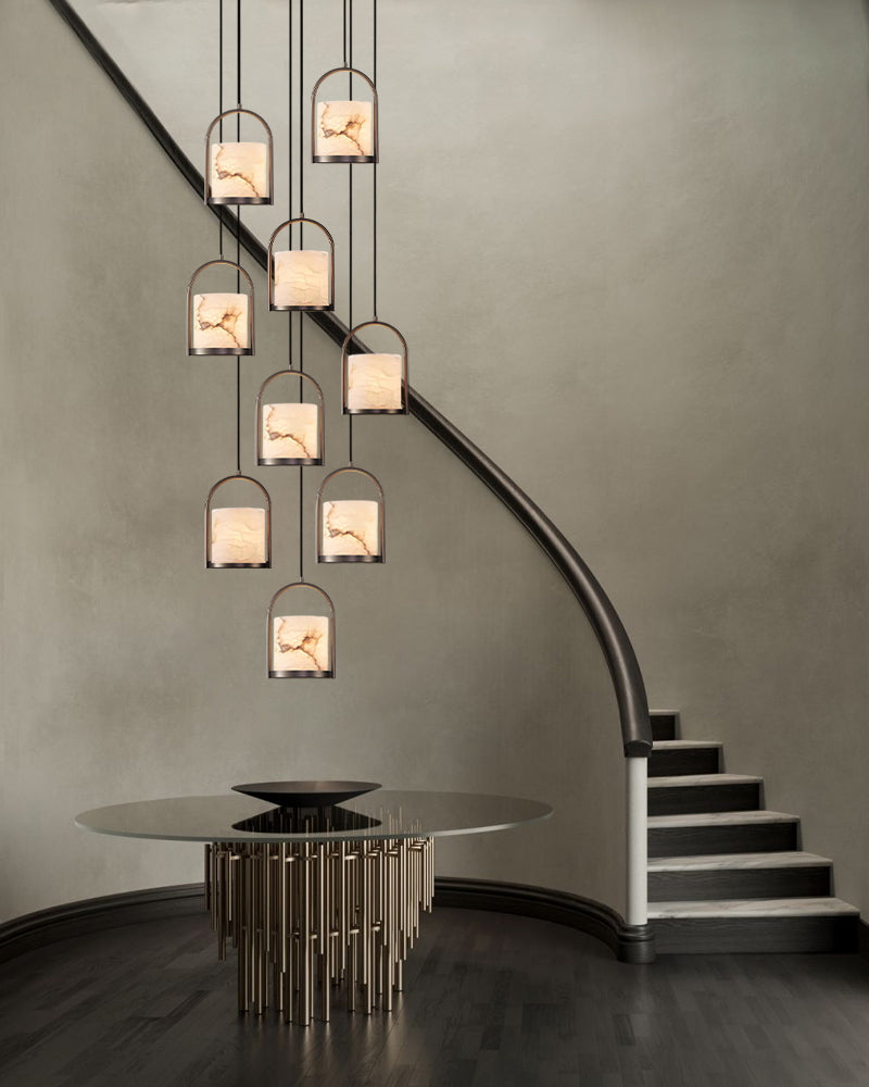 Cortland Cluster Alabaster Bronze Pendant Light Fixtures Wide 8" for Stairwell