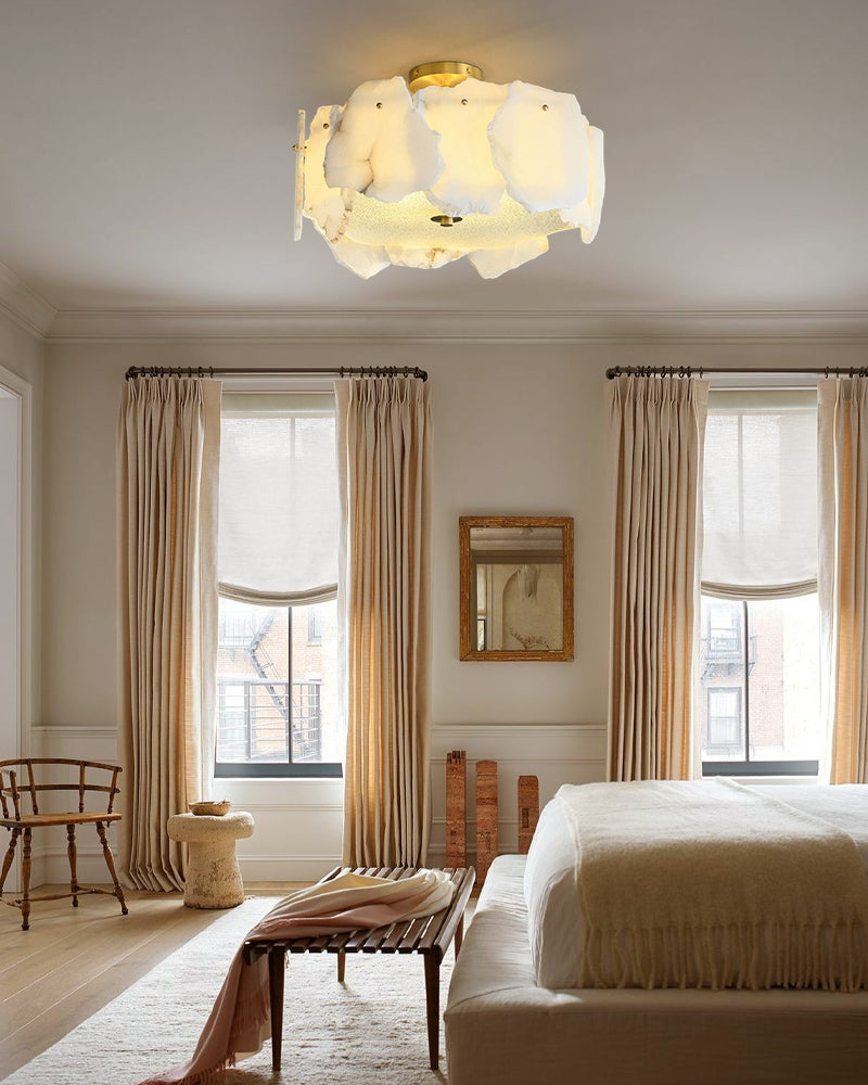 Elegance Semi Flush Alabaster Round Ceiling Light Fixture in Brass