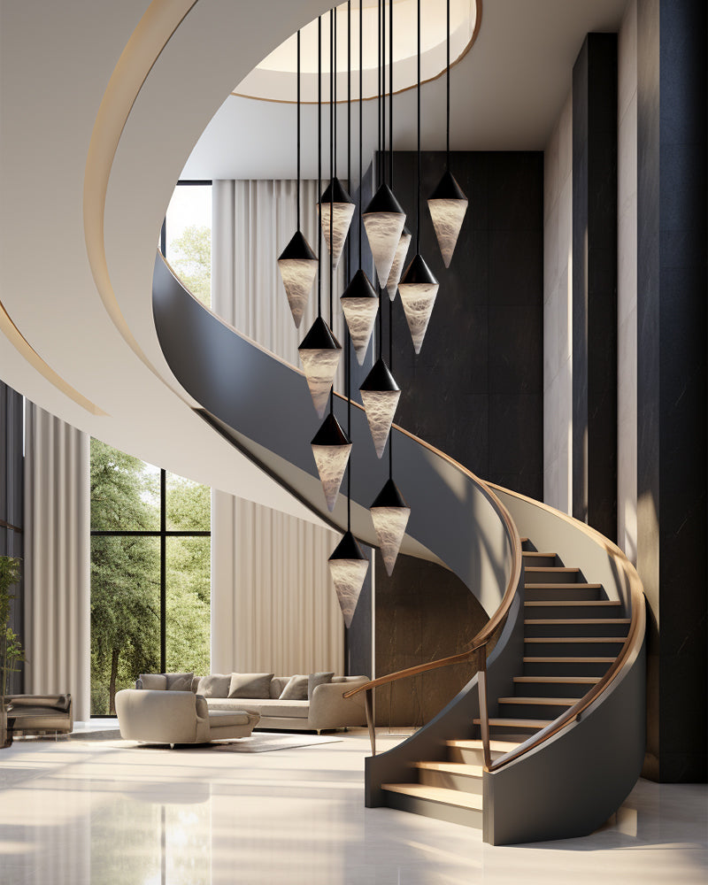 Classic Conical Cluster Alabaster Dome Ceiling Brass&Black Pendant Light