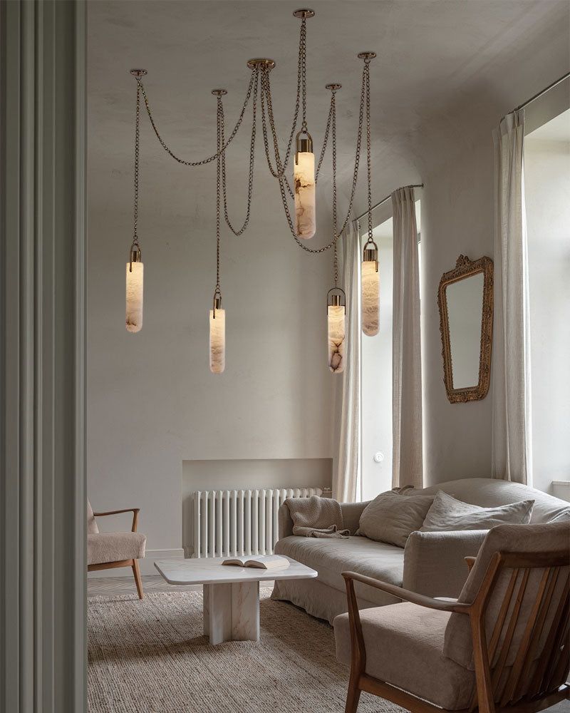 Unique & Modern Multi-Drop Alabaster Pendant Light in aged brass chain 150cm