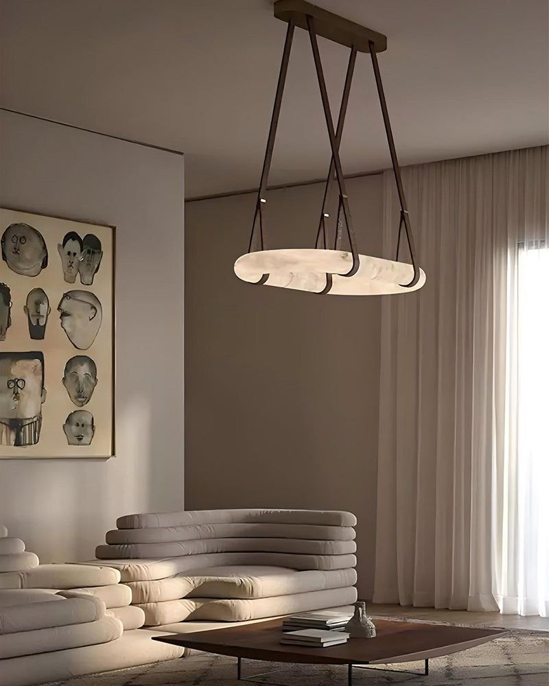 Modern Oval Alabaster LED Lacther Pendant Light Wide 32" 40" 48" for living room