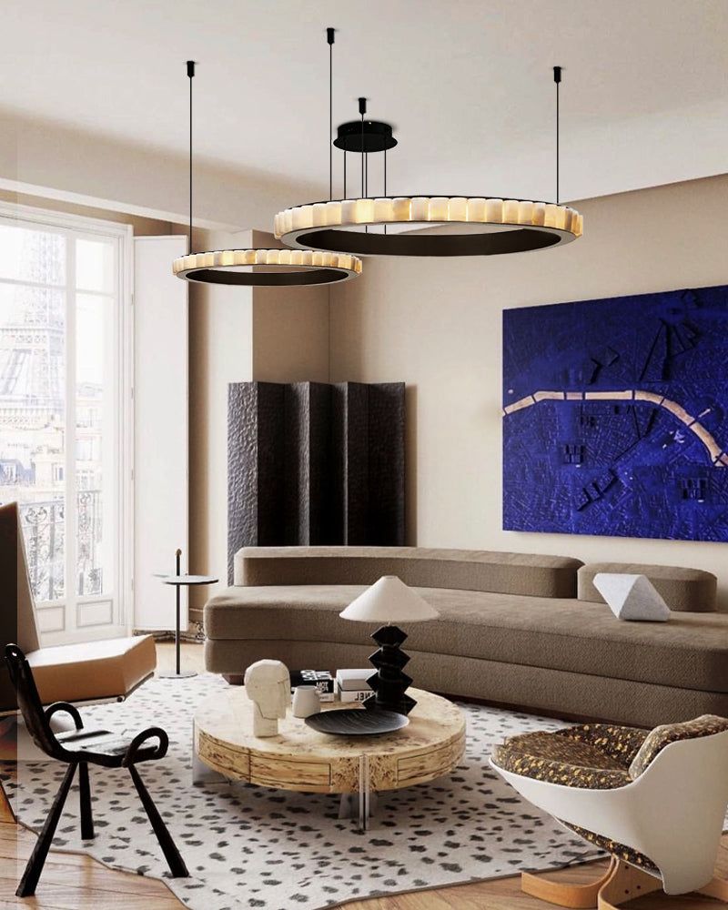 Luxury Alabaster Multi Ring Chandelier in black & gold frame | Cord Adjustment