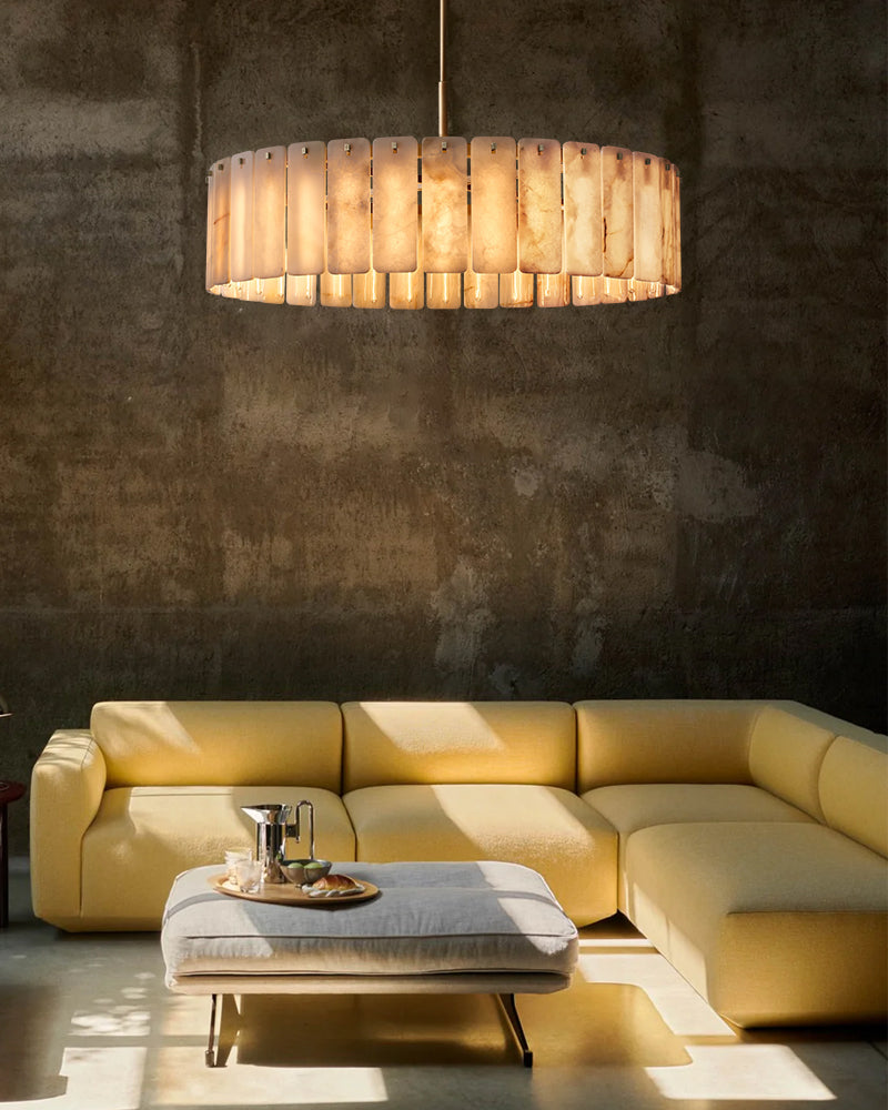 Lacquered Burnished Brass/Black LED Round Calamette Alabaster Lighting Collection 36" 48" 60"