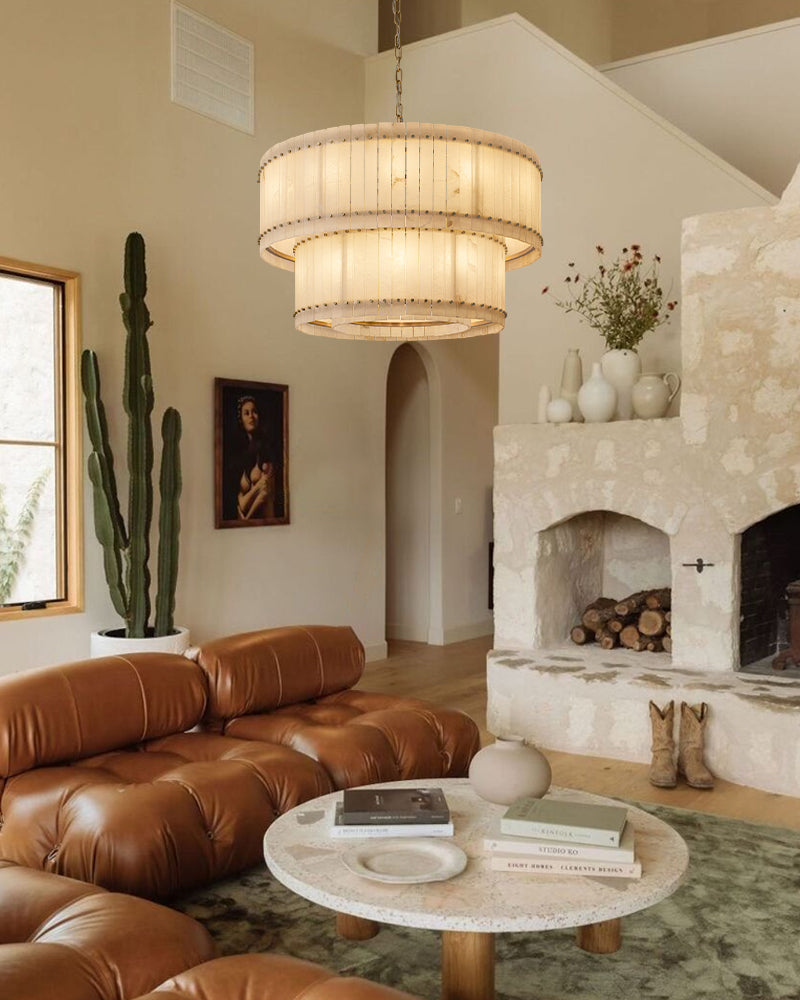 San Marco Alabaster Round 3-Tiered Drum Chandelier Lacquered Brass/Black Steel Frame