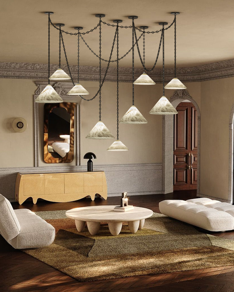 Medium 12" Conical Pendant White Alabaster Shade with Brass Chain for living room
