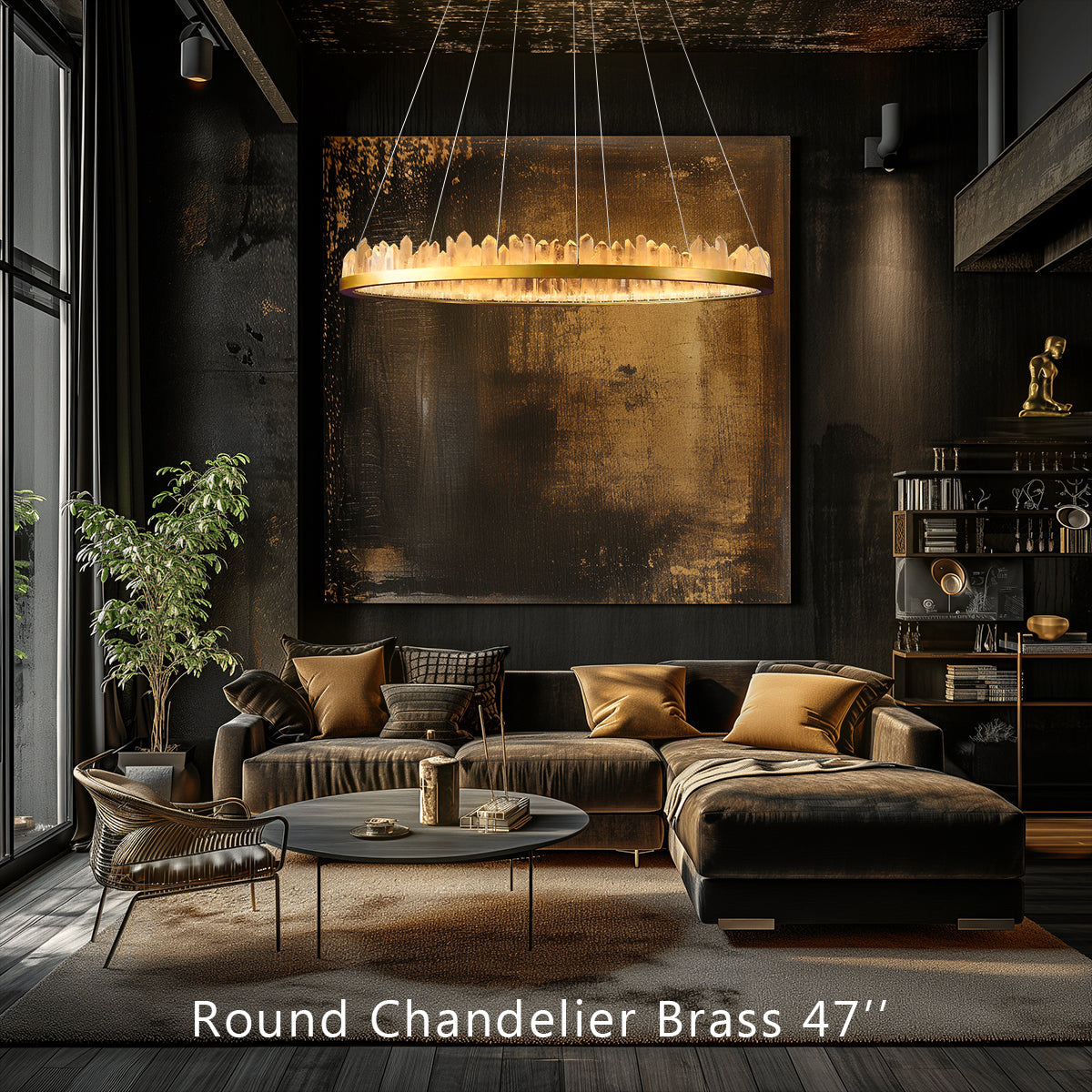 Cervine Round Brass & Clear Geode Quartz Crystal Chandelier 36" - Zonesus