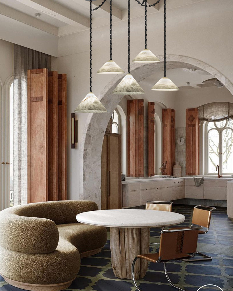 Multi-Head Matte White Alabaster Cone Hanging Kitchen Pendant Light 8" Wide | Black Chain