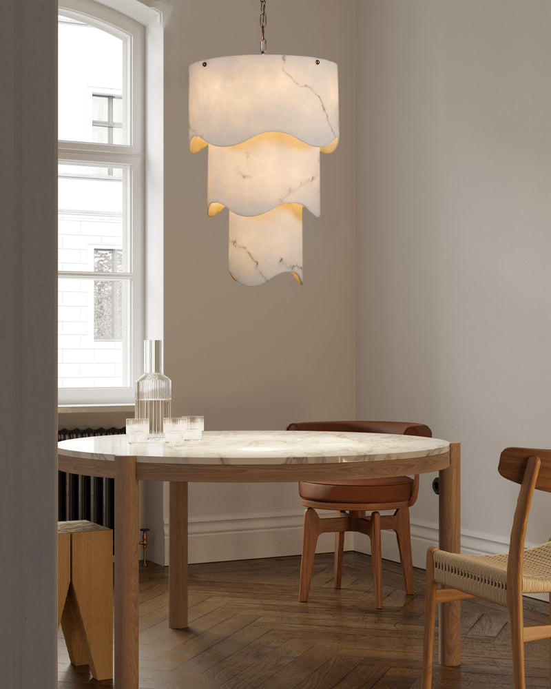 White Alabaster and Antique Brass Finish Layered Pendant Light Wide 18"
